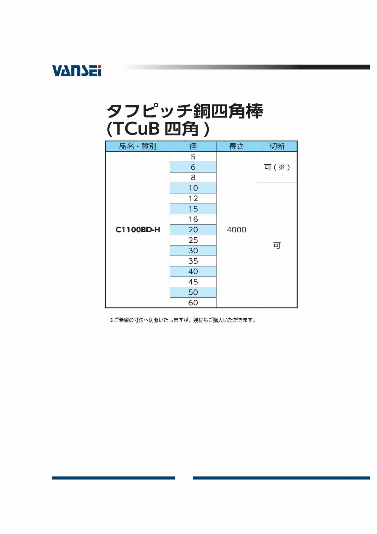 タフピッチ銅四角棒(C1100BD-H)